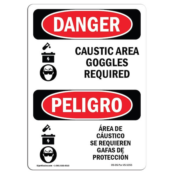 OSHA Sign, Caustic Area Goggles Required Bilingual, 10in X 7in Alum, 7" W, 10" H, Spanish